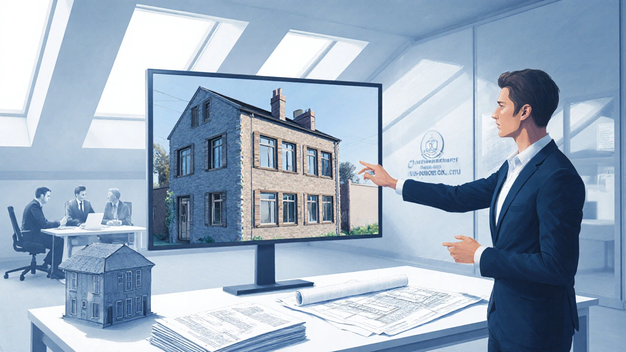 Architekt präsentiert digitale 3‑D‑Pläne neben Bauantragsunterlagen.