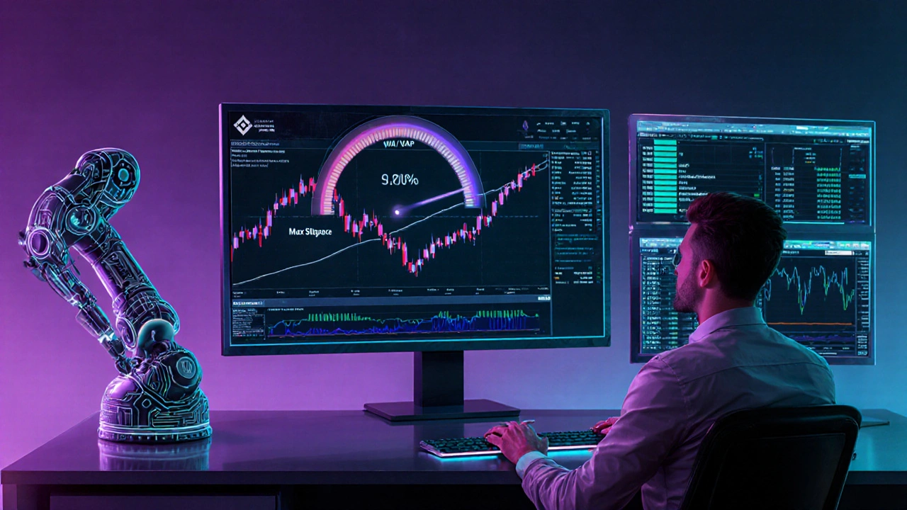 Cyber‑punk‑Trader nutzt Slippage‑Grenze, Bot und Orderbuch‑Tiefe auf holografischen Bildschirmen.
