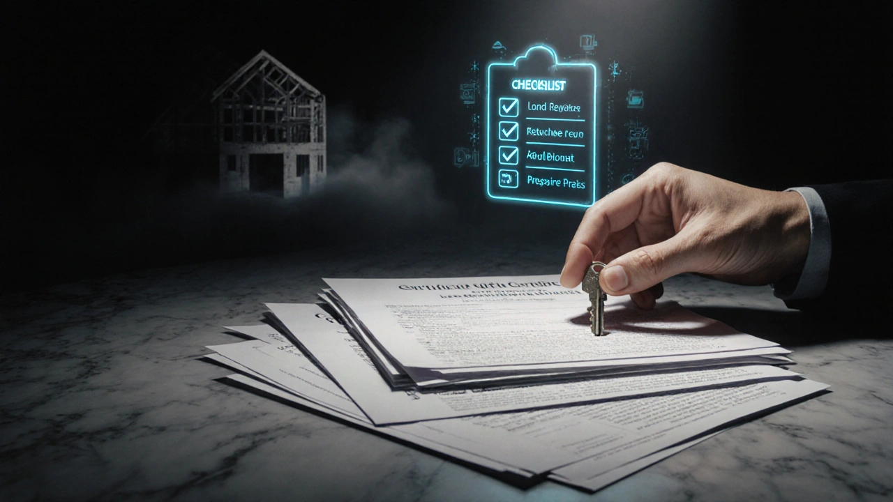 Eine Hand legt einen Schlüssel auf einen Stapel rechtlicher Dokumente, während eine digitale Checkliste darüber schwebt.