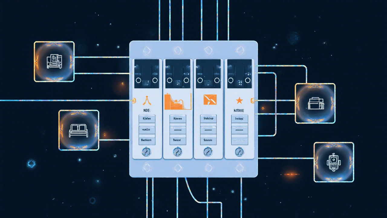 Elektrischer Verteiler mit vier Stromkreisen für Wohnzimmer, Küche, Schlafzimmer und Badezimmer.