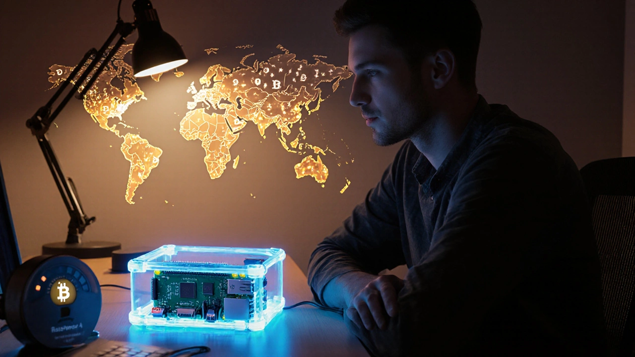 Entwickler neben einem kleinen Node‑Raspberry‑Pi, umrahmt von einem leuchtenden Welt‑Netzwerk.
