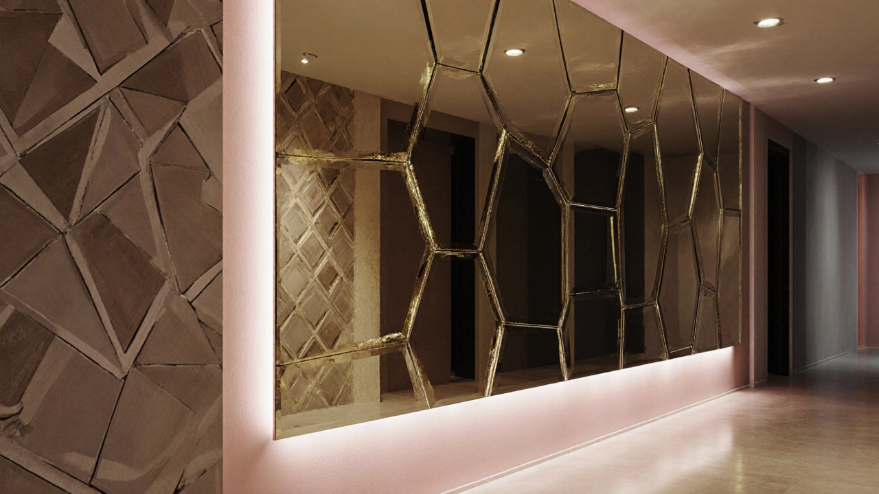 Fertige Wand mit Spiegeln, metallischer Farbe, LED‑Leuchte und Wandtattoo.