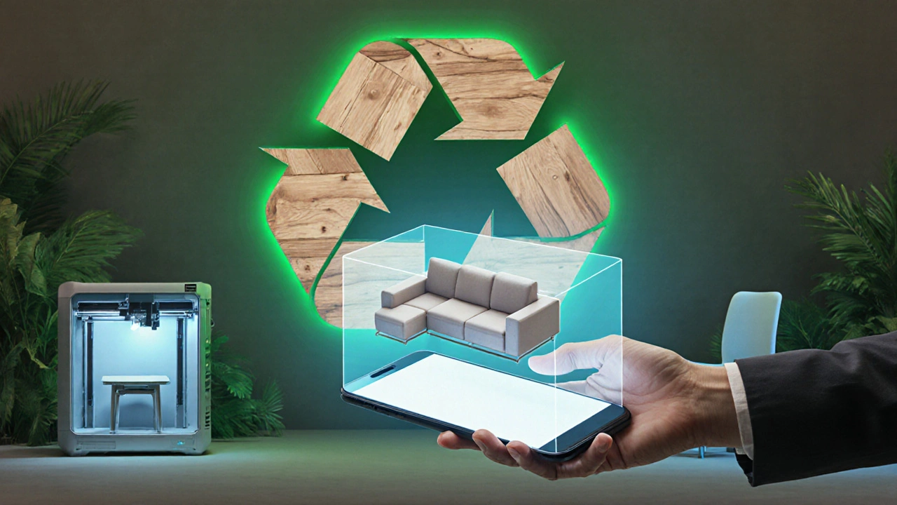 Futuristische Szene mit AR‑Hologrammen, modularen Möbeln und Recycling‑Symbolen.