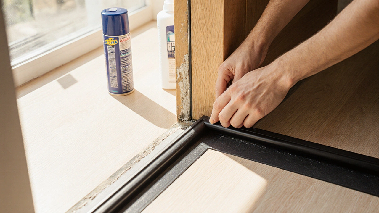 Hand legt EPDM‑Dichtungsprofil in T30‑Türrahmen, Werkzeuge im Bild.