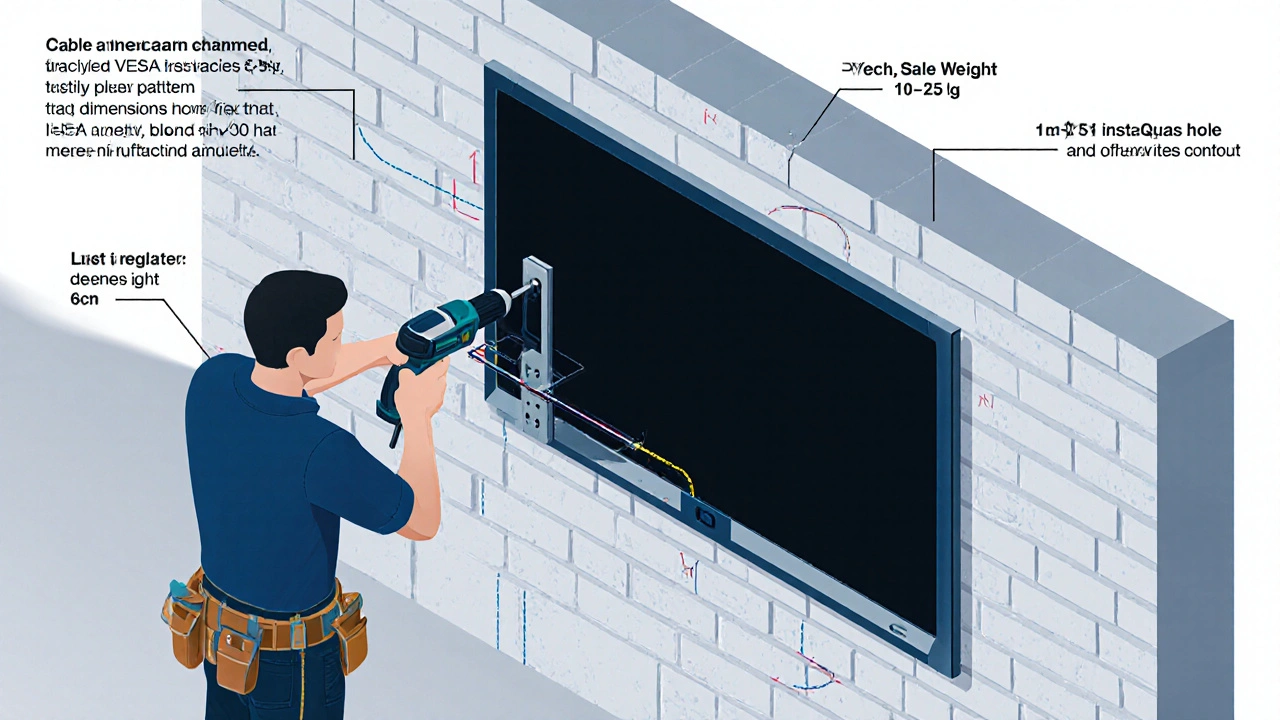 Handwerker installiert Flat‑TV: Wandhalterung, Bohrlöcher, Kabelweg in schmaler Leiste, Abstand von 5 cm.