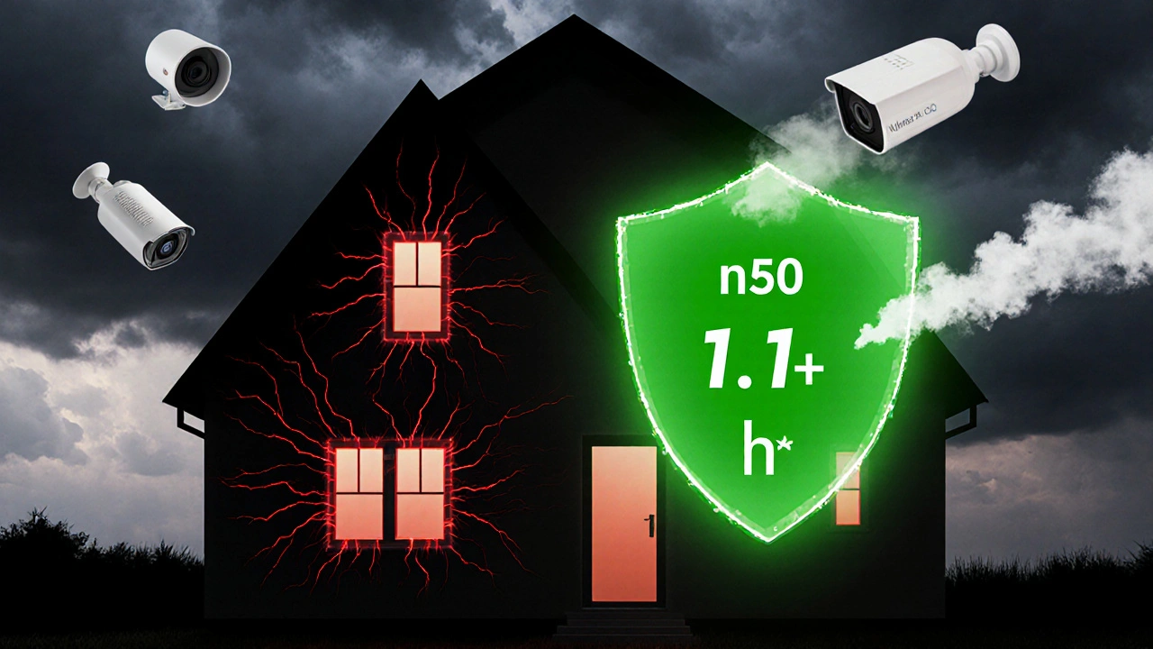 Haus-Silhouette mit leckenden Energieströmen neben einem dichten, effizienten Haus mit n50-Wert.