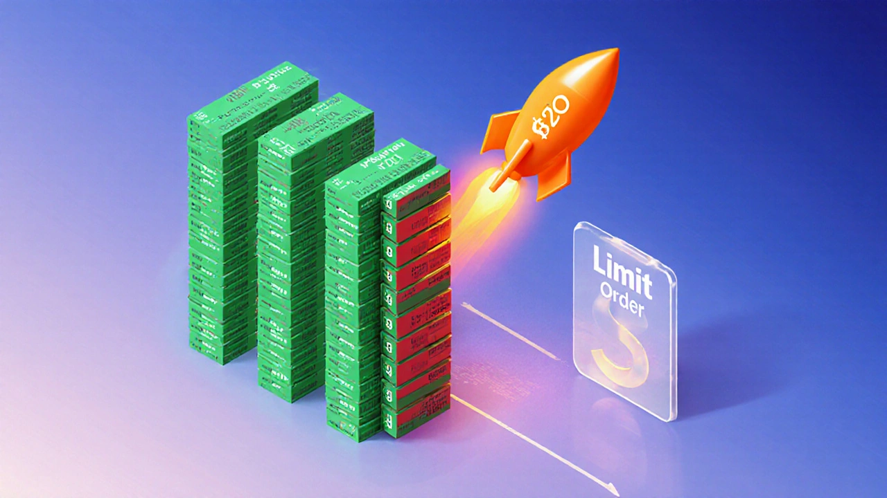 Isometrische Darstellung: Market Order verursacht Sprung, Limit Order bleibt stabil im Orderbuch.