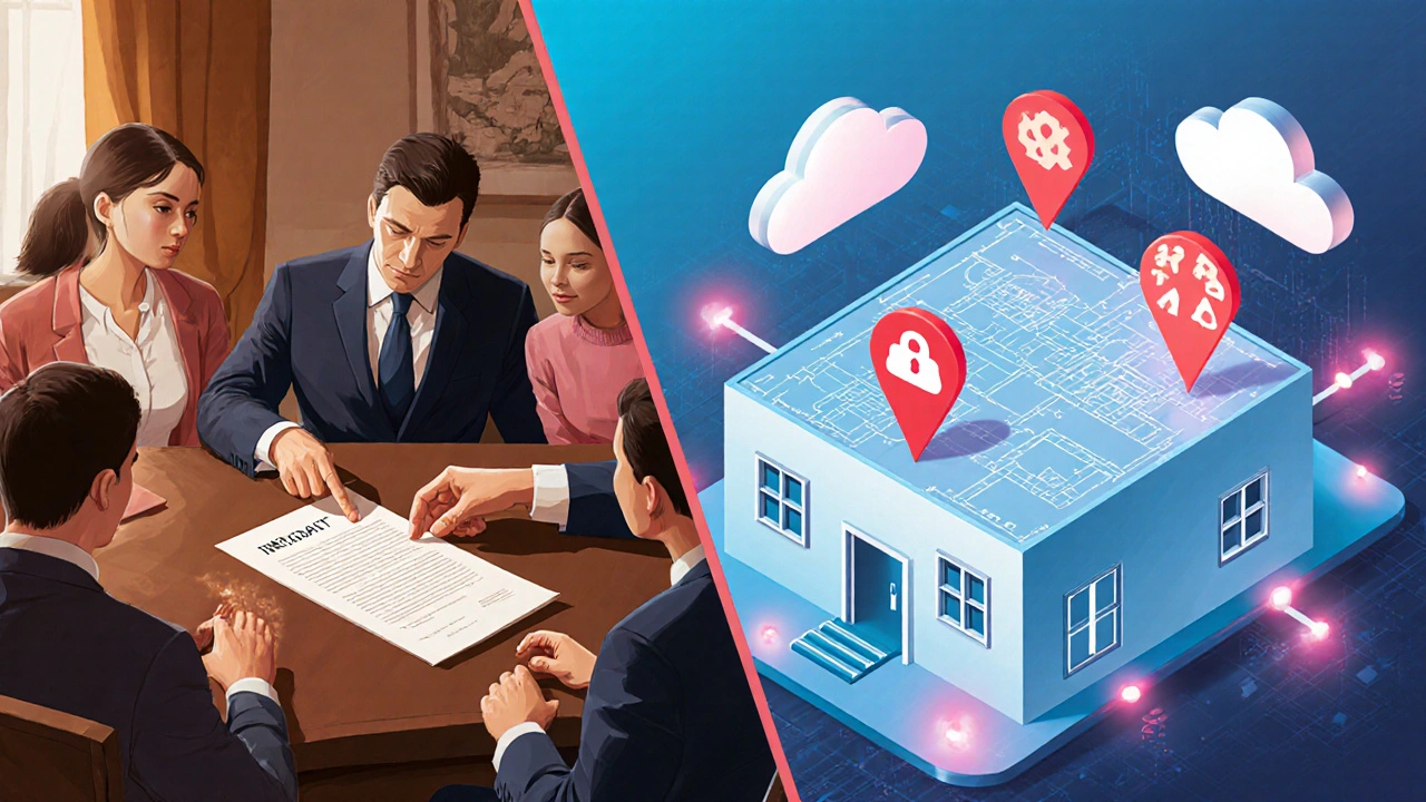 Künstlerische Darstellung einer Familie mit Notar und digitalen Vermögenskomponenten wie Cloud-Daten und Online-Konten.