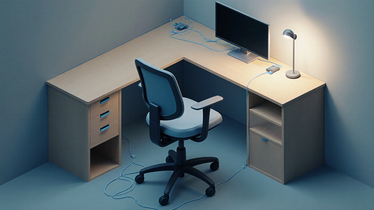 L‑Form Schreibtisch in der Ecke mit Monitor, Stuhl und ordentlichem Kabelmanagement.