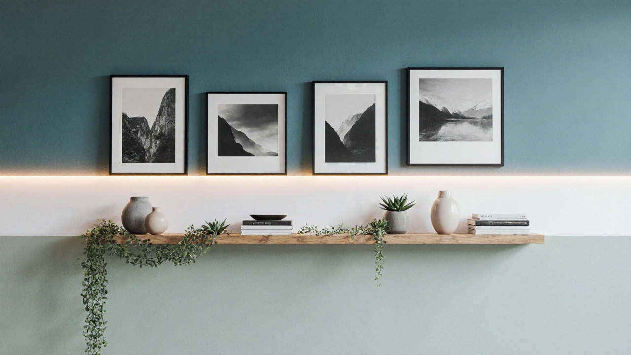 Lange Wand mit Farbverlauf, Akzentstreifen, Bildergalerie, Regalen und LED‑Licht.