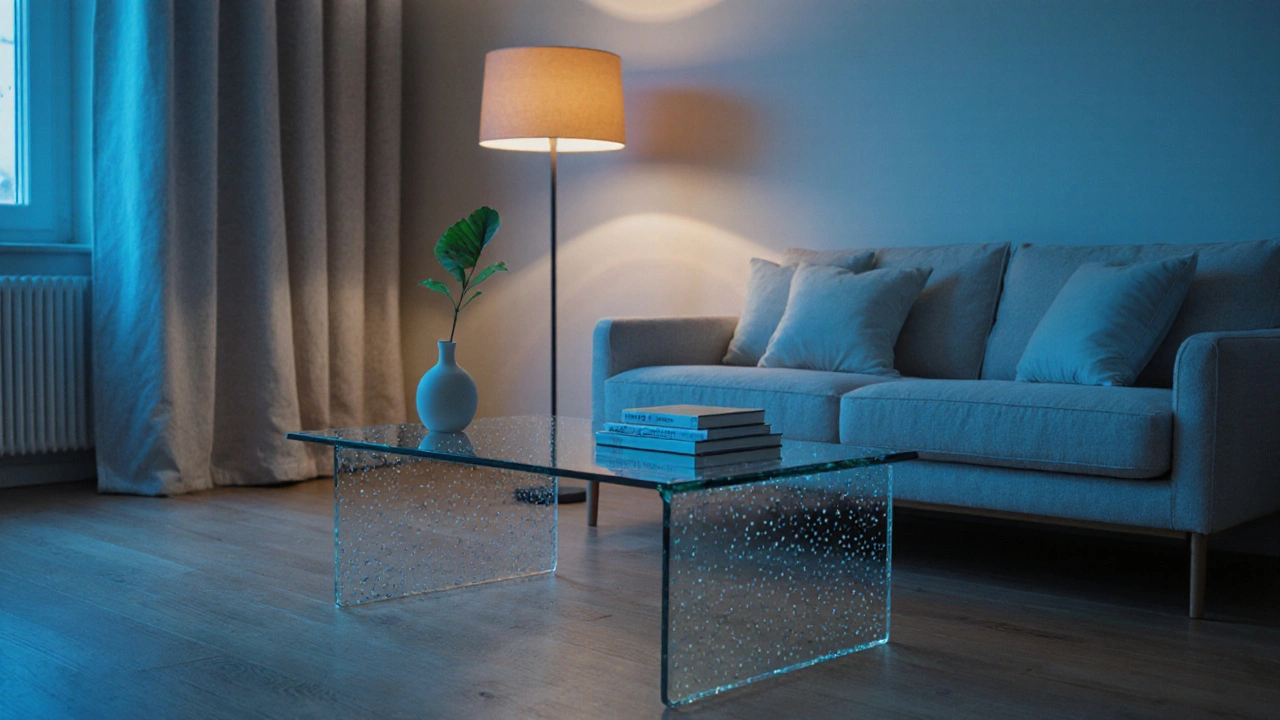 Minimalistisches Wohnzimmer mit Glastisch, sanftes Lampenlicht.