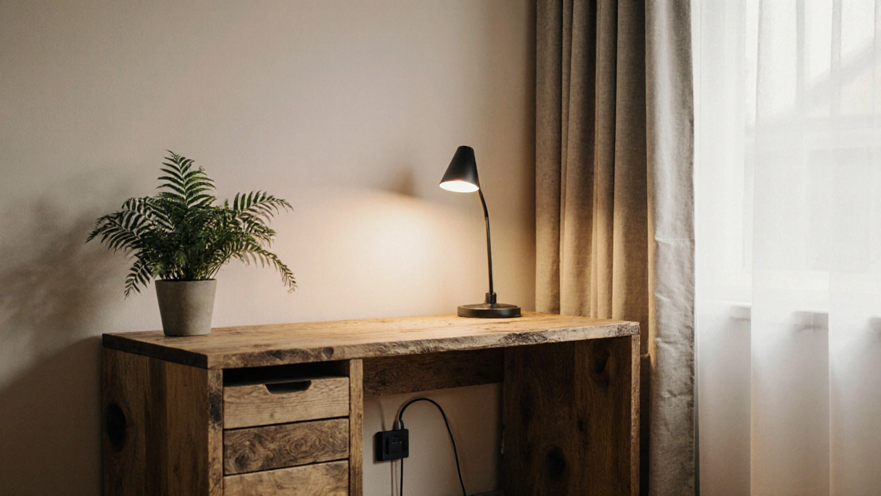 Nachhaltiger Schreibtisch aus recyceltem Holz mit Pflanze, LED‑Lampe und sauberem Kabelsystem.