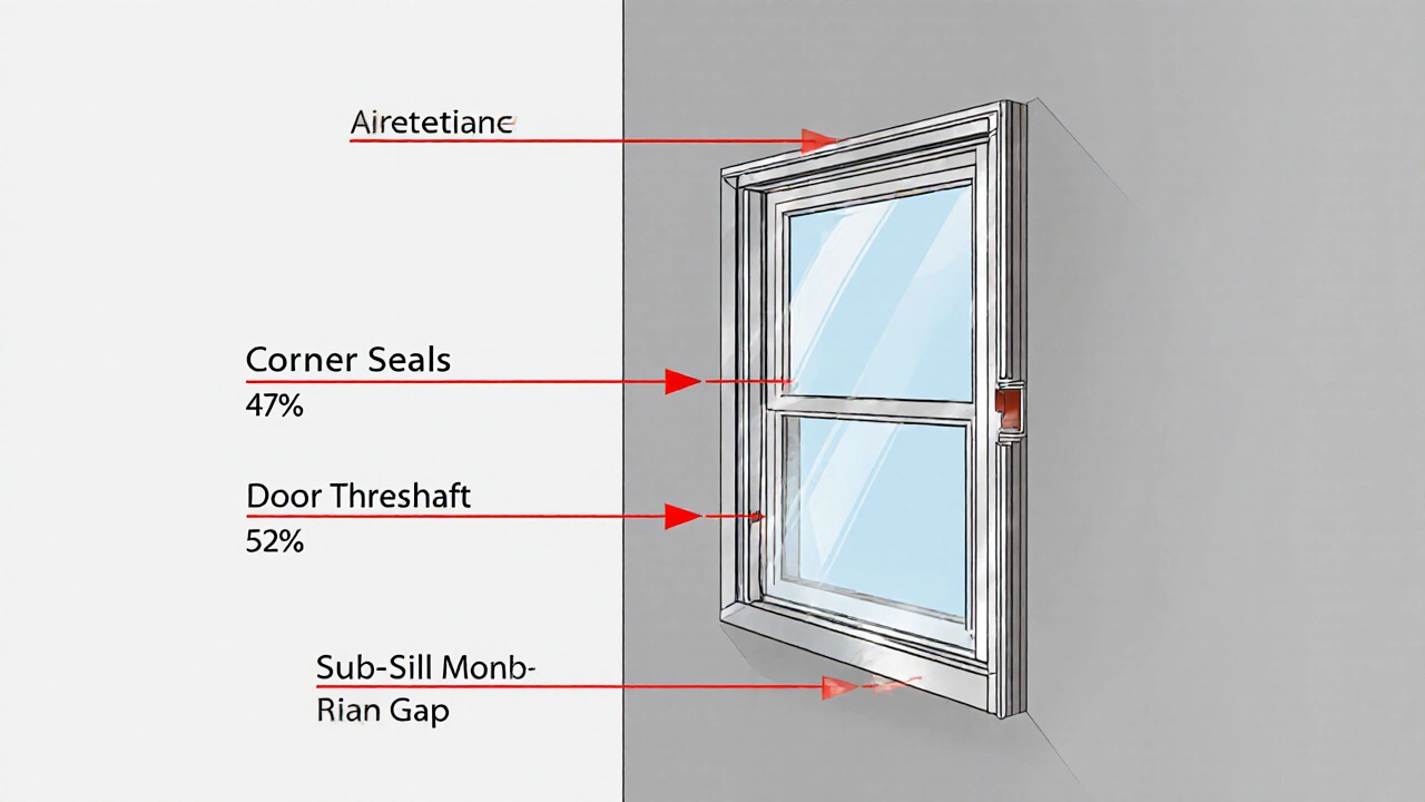 Schnittansicht eines Fensterrahmens mit typischen Undichtigkeitsstellen und Luftströmungen.