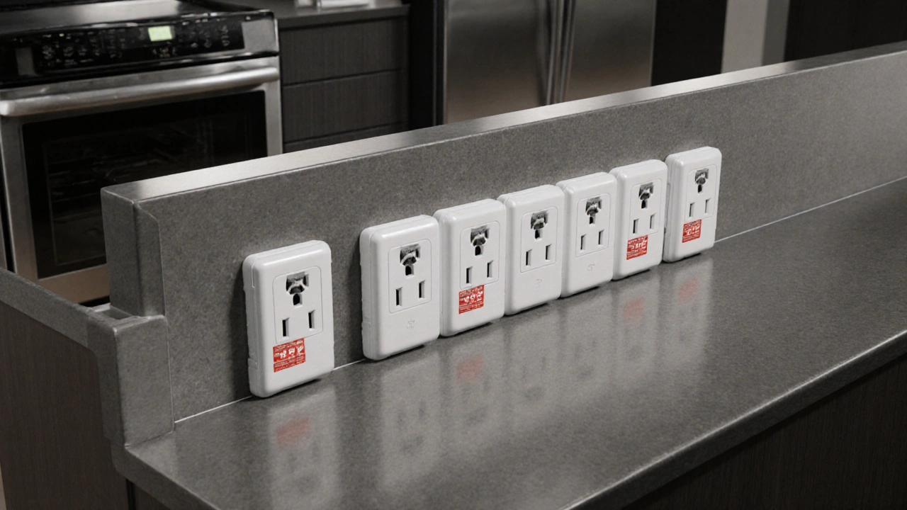 Sechs Steckdosen über der Küchenarbeitsplatte, alle mit Fehlerstromschutz und nicht hinter Geräten.