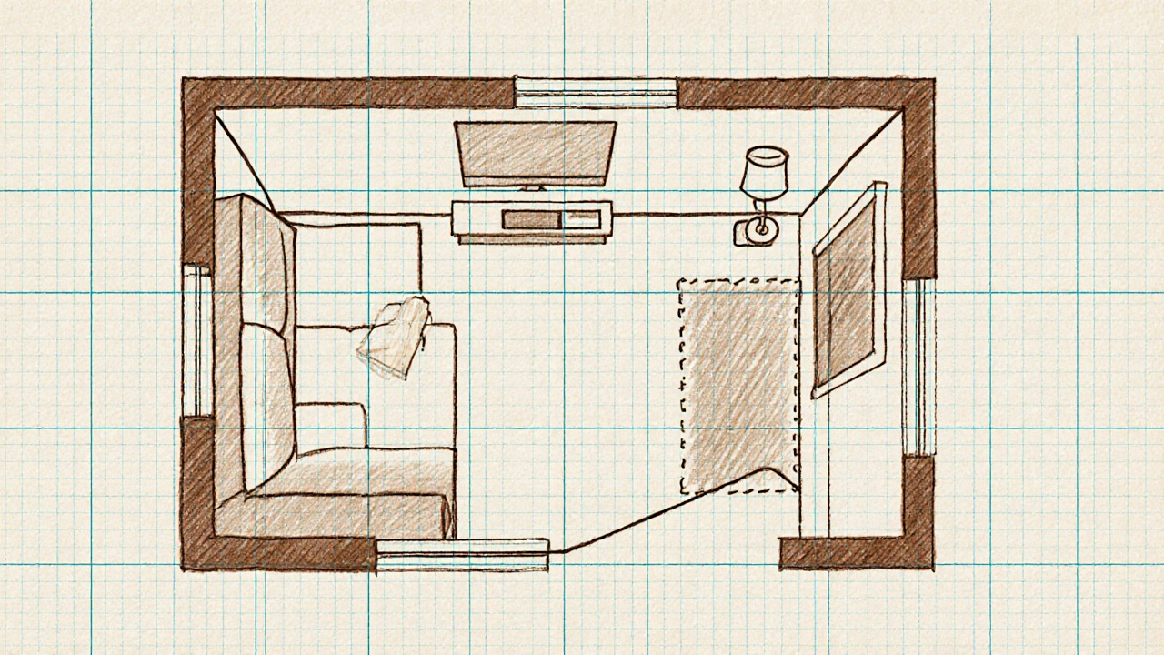 Skizze eines Grundrisses zeigt ein Sofa und ein 15 cm Abstand zur Wand.