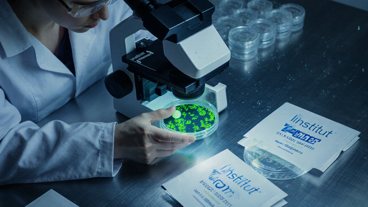 Techniker untersucht Schimmelsporen unter dem Mikroskop im Labor.