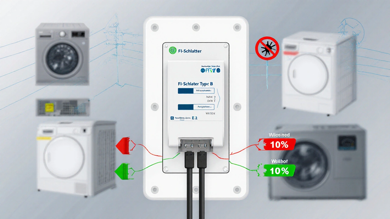Technische Darstellung eines Stromsensors und FI-Schalters Typ B mit dynamischer Leistungsverteilung zwischen Haushalt und E-Auto.