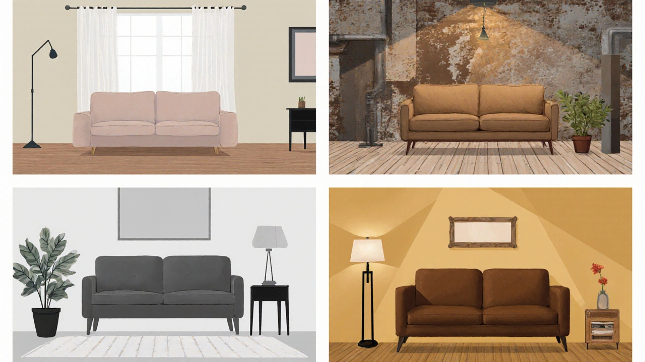 Vier Vignetten zeigen Sofas mit unterschiedlichem Abstand in verschiedenen Einrichtungsstilen.