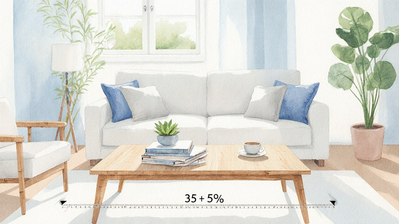 Wasserfarben zeigen idealen Couchtisch, 85 cm lang, mit 45 cm Abstand zum Sofa.
