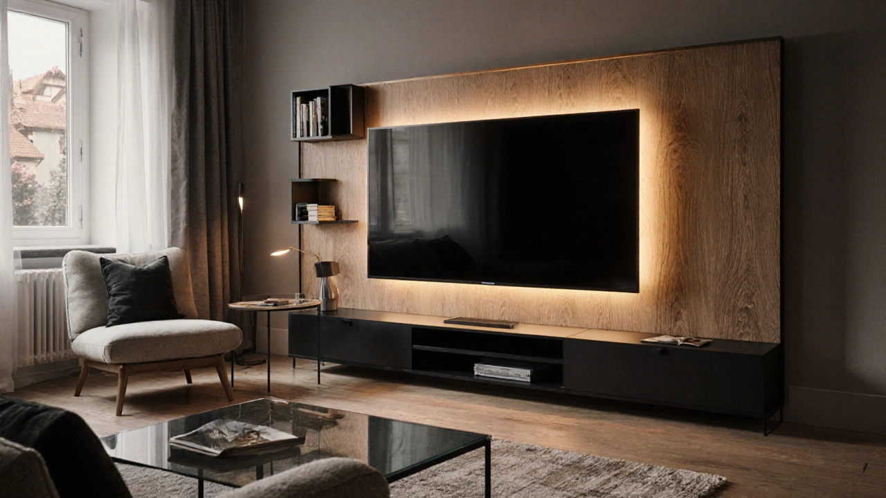 Wohnzimmer mit modularem Möbelset: Holzverkleidung, Metallrahmen, hinterleuchteter Flat‑TV, gemütliche Atmosphäre.