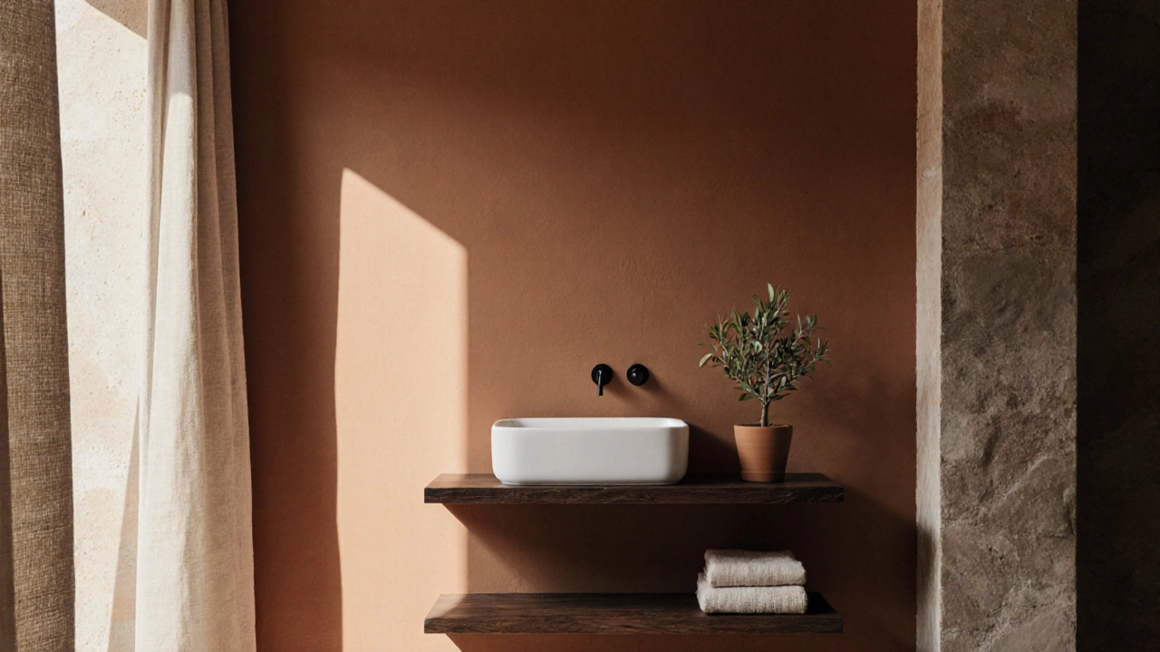 Akzentwand in Terrakotta hinter weißem Waschbecken, dunkelbraunes Holzregal und Olivenbaum in Tontopf.