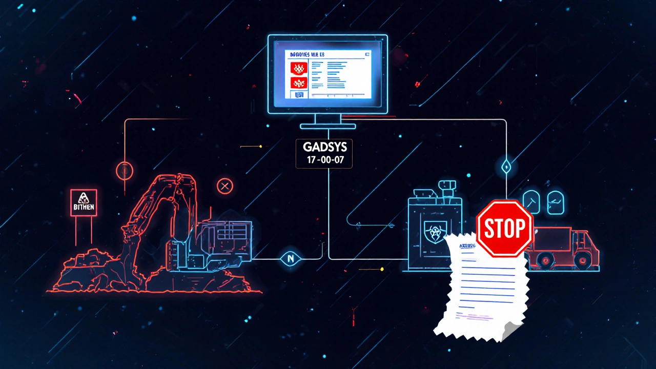 Digitales Flussdiagramm zeigt den elektronischen Nachweisweg gefährlicher Bauabfälle durch GADSYS mit EAK-Code-Symbolen.