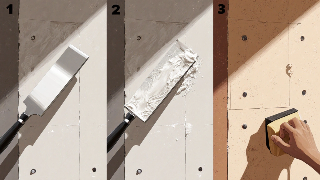 Drei Schritte des Spachtelns: Füllen, Glätten und Abschleifen einer Trockenbauwand.