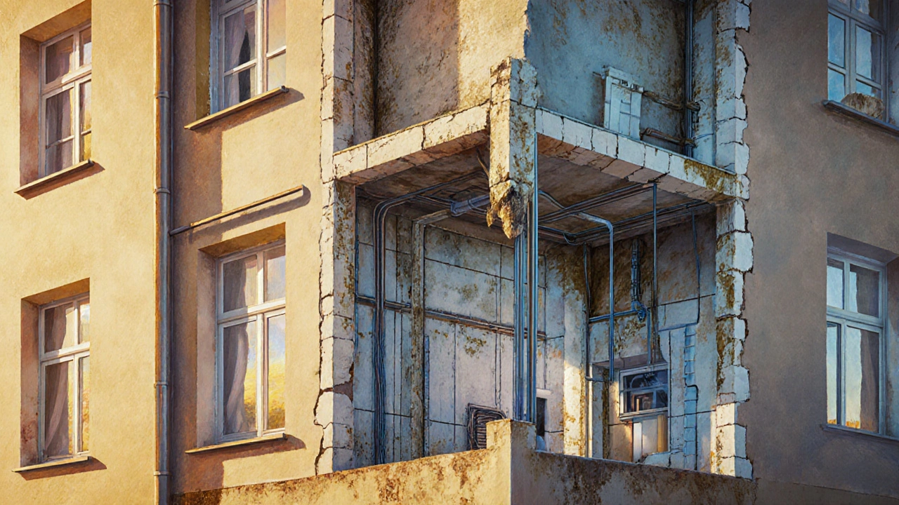 Durchschnittliche Wohnungsstruktur mit versteckten Mängeln wie Rissen, Schimmel und veralteten Leitungen in transparenten Ebenen.