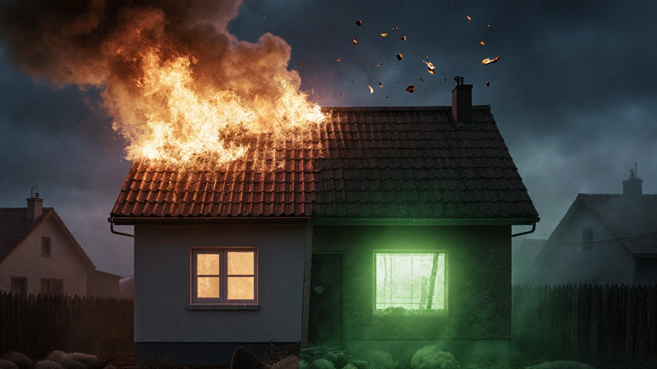 Ein brennendes Dach mit giftigem Rauch im Vergleich zu einem grün leuchtenden, nachhaltig gedämmten Haus.