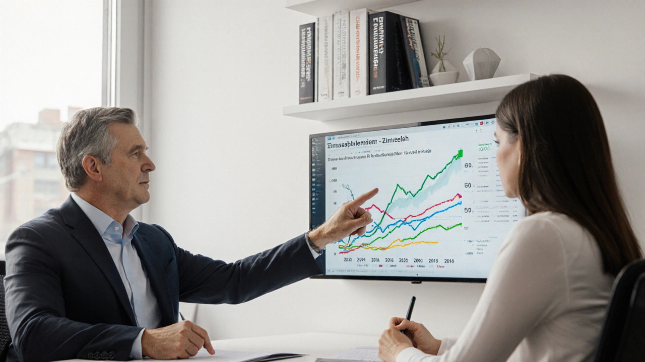 Ein Finanzberater erklärt einem Kunden eine Grafik steigender Zinsen in einem Büro.