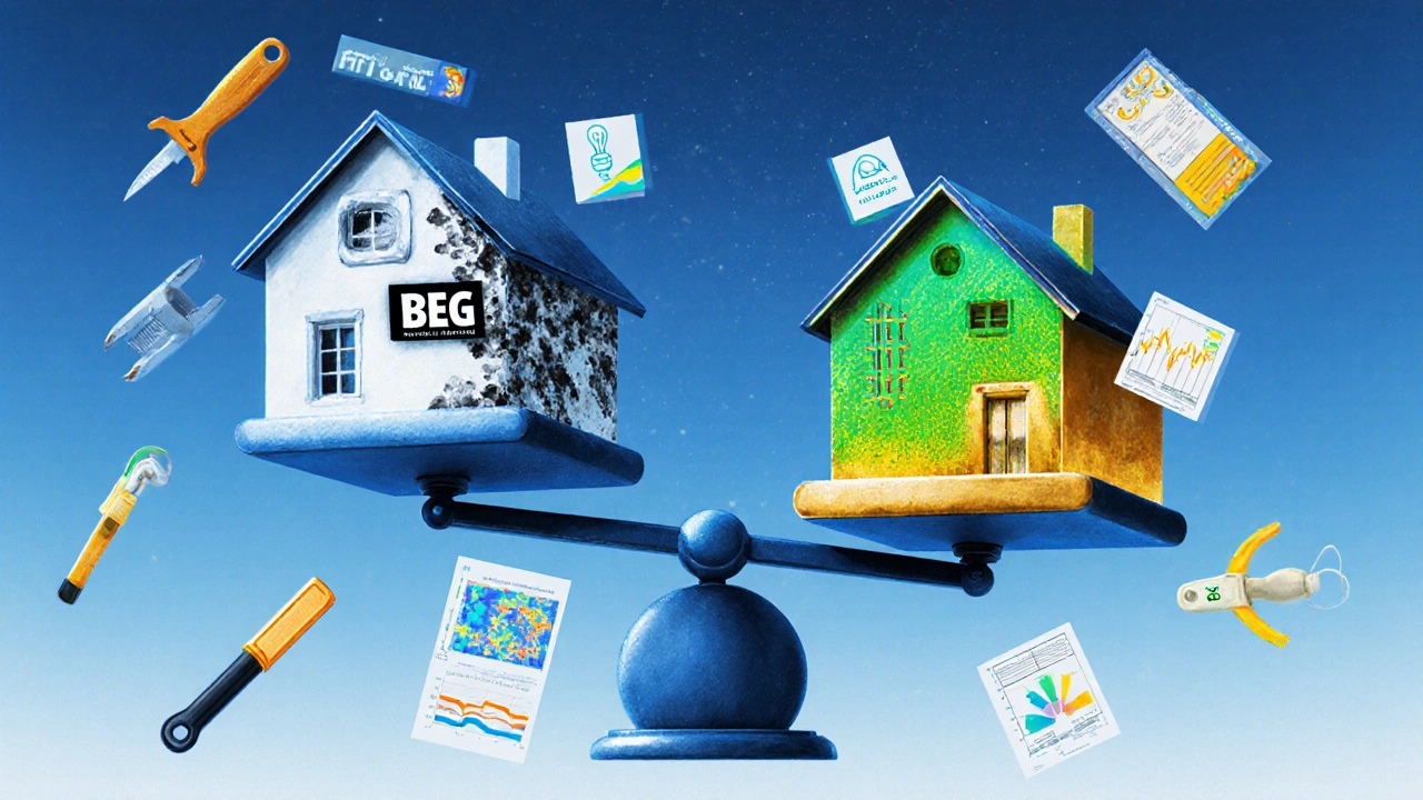 Ein Haus auf einer Waage: verborgene Kosten gegen Fördermittel und Energieeinsparungen.