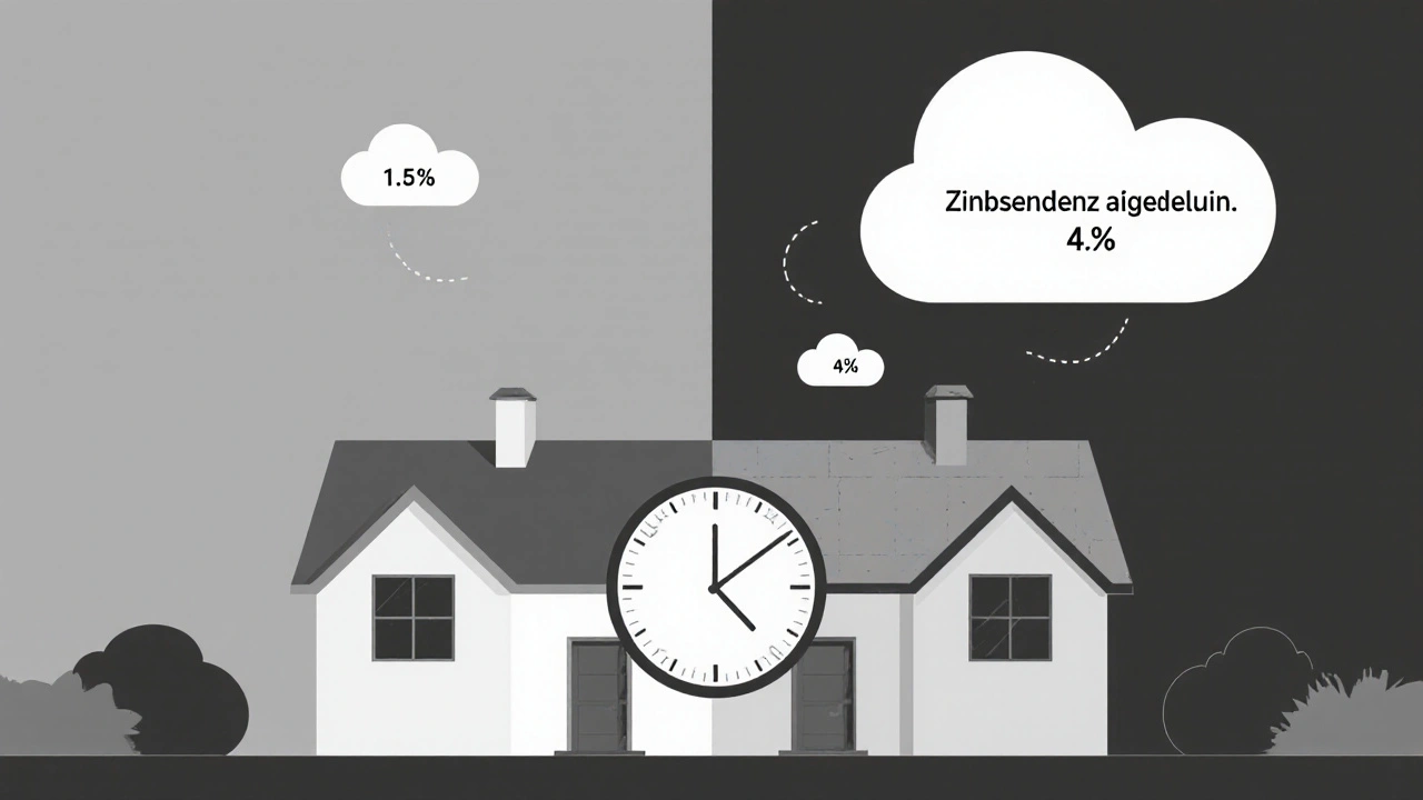 Ein Haus mit zwei Seiten: eine mit niedrigen, eine mit hohen Zinsen und einer drohenden Schuldenwolke.