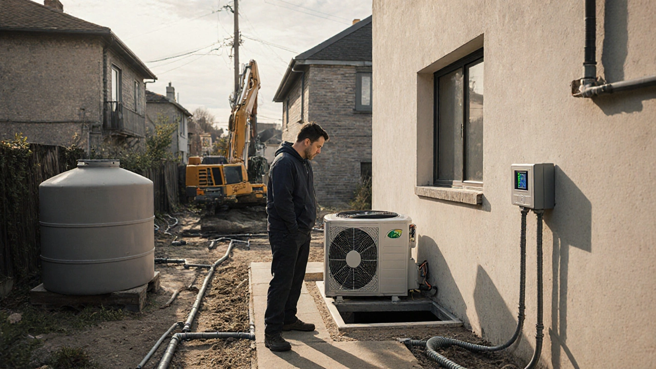 Ein Hausbesitzer beobachtet die Installation einer Wärmepumpe, während alte Öltanks abgebaut werden und ein Smart-Meter den Energieverbrauch anzeigt.