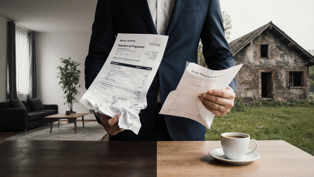 Ein Immobilienmakler hält ein professionelles Gutachten neben einer falschen Online-Schätzung, mit zwei unterschiedlichen Häusern im Hintergrund.