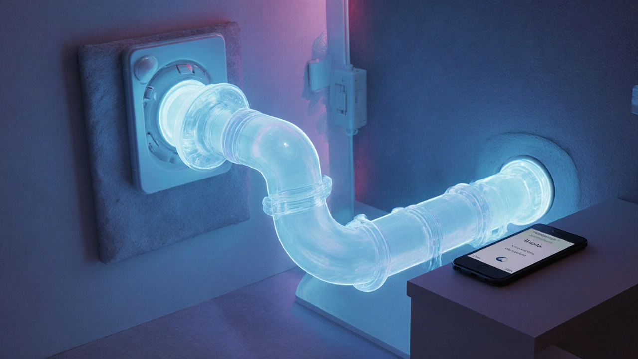 Ein intelligentes Abwasserrohr mit eingebauten Sensoren, das Schallpegel visuell anzeigt, in einer modernen Badumgebung.