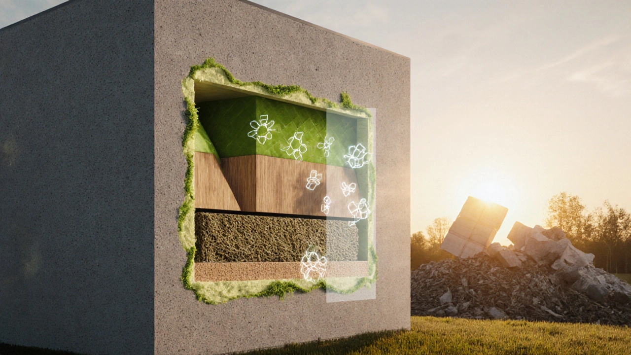 Ein modernes Haus mit Schichten aus recycelter Mineralwolle und natürlichen Dämmstoffen, CO2-Ströme visualisiert.