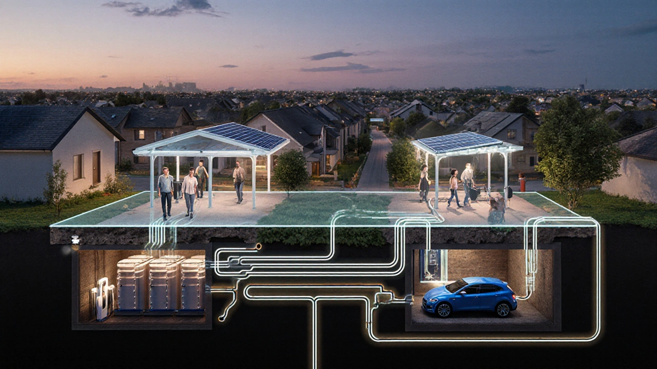 Ein zukünftiges Quartier mit verbundenen Wärme-, Strom- und Ladesystemen, sichtbar als unsichtbare Energieflüsse in einem grünen, modernen Stadtviertel.