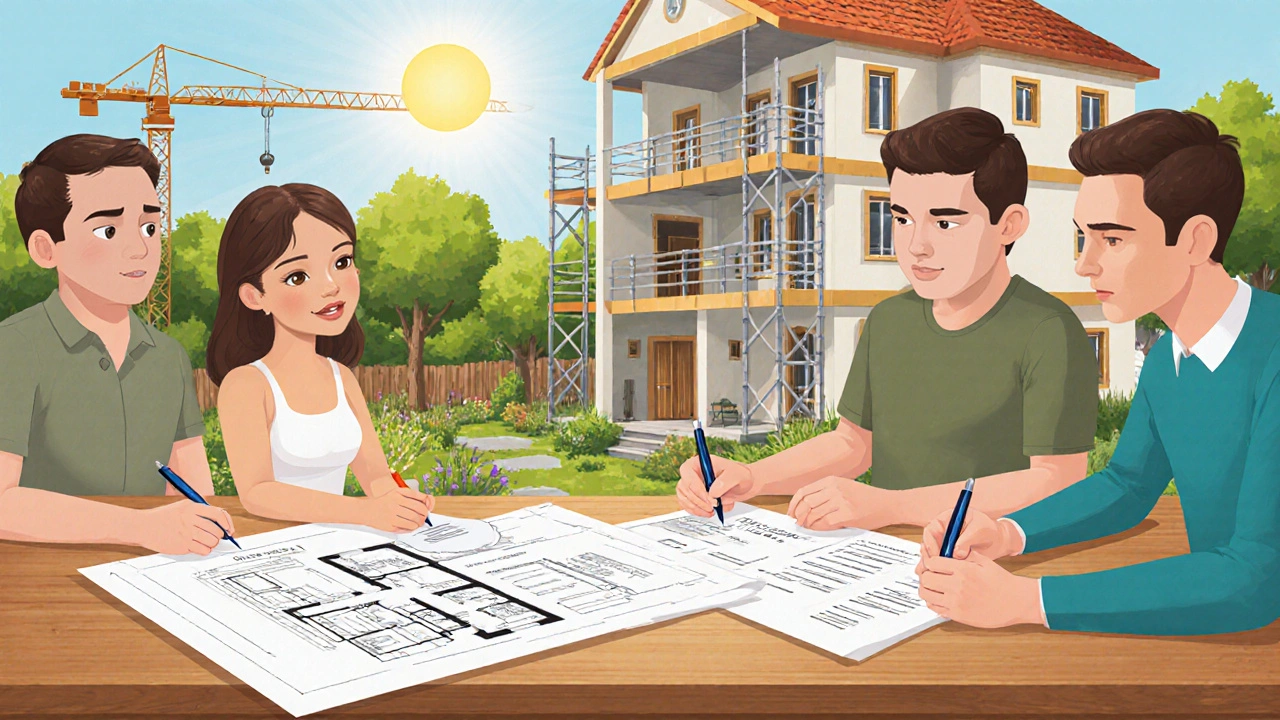 Eine Familie unterschreibt einen rechtlichen Vertrag für das gemeinsame Wohnen, umgeben von Bauplänen und Energiezertifikaten.