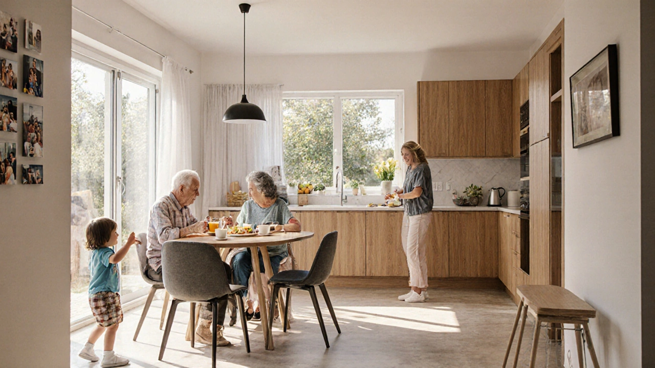 Eine gemeinsame Küche in einem Mehrgenerationenhaus, in der Großeltern, Eltern und Kinder miteinander interagieren.