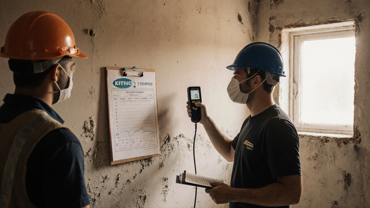 Fachmann misst Feuchtigkeit und trägt Sanierputz an einer sanierten Wand auf