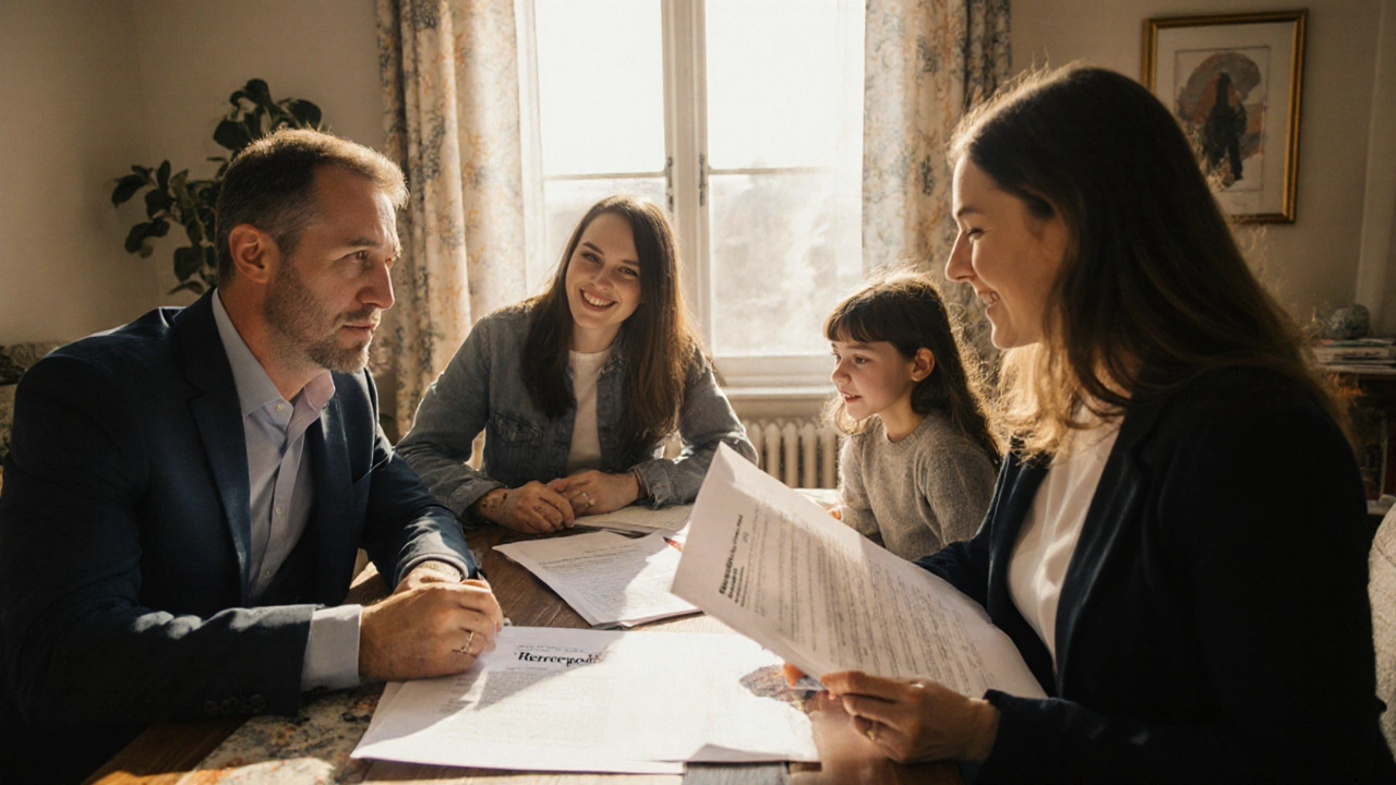 Familie berät sich mit Finanzberater über Reserveoption für Bauprojekt