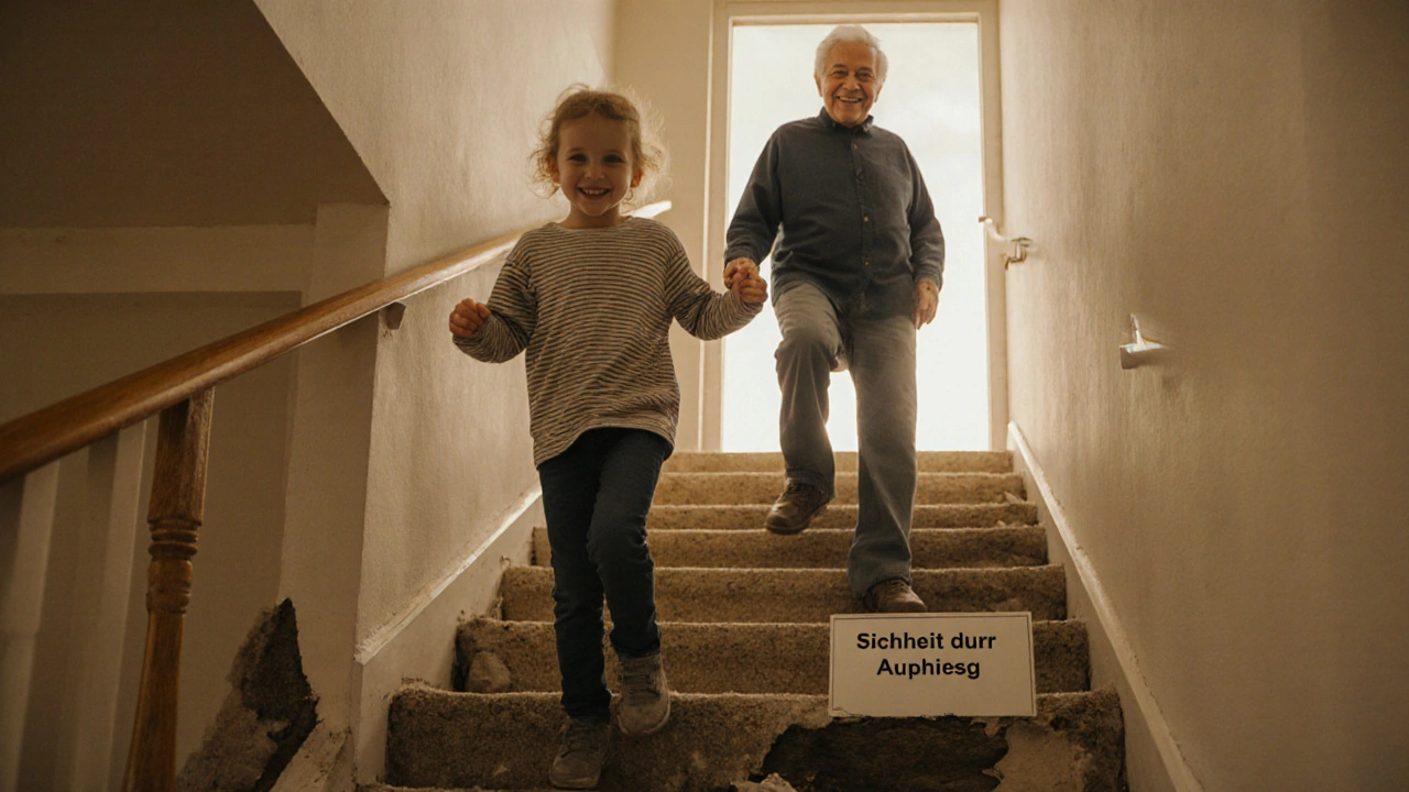 Familie steigt sicher auf einer neu installierten Treppe, alte Stufe liegt abgelegt.