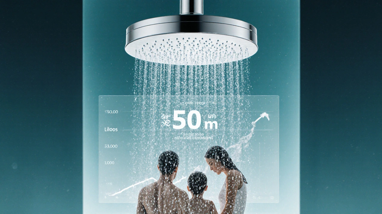 Familie unter Dusche mit digitaler Verbrauchsanzeige und Wasserspar-Technologie