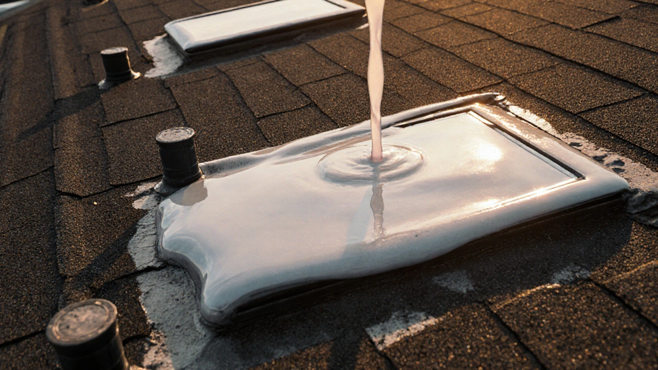 Flüssigkunststoff wird gleichmäßig über Rohre und Dachfenster aufgetragen