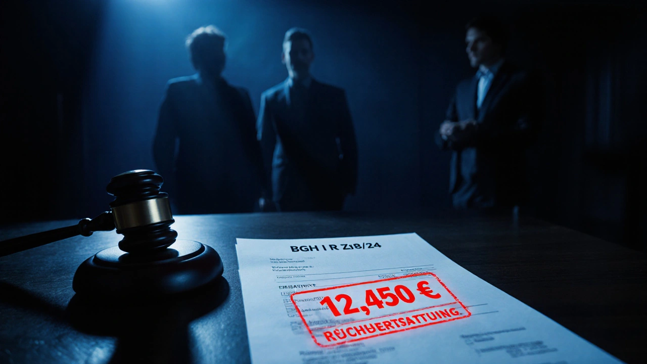 Gerichtssaal-Szene mit Urteil über Rückerstattung von überzahlter Maklerprovision.