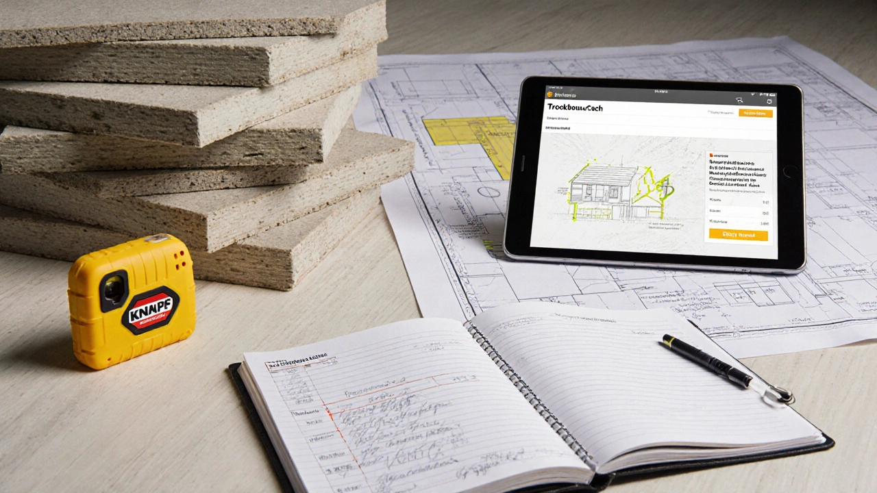Gipskartonplatten, Arbeitsprotokoll und eine Bau-App zeigen die Dokumentation von Eigenleistung.