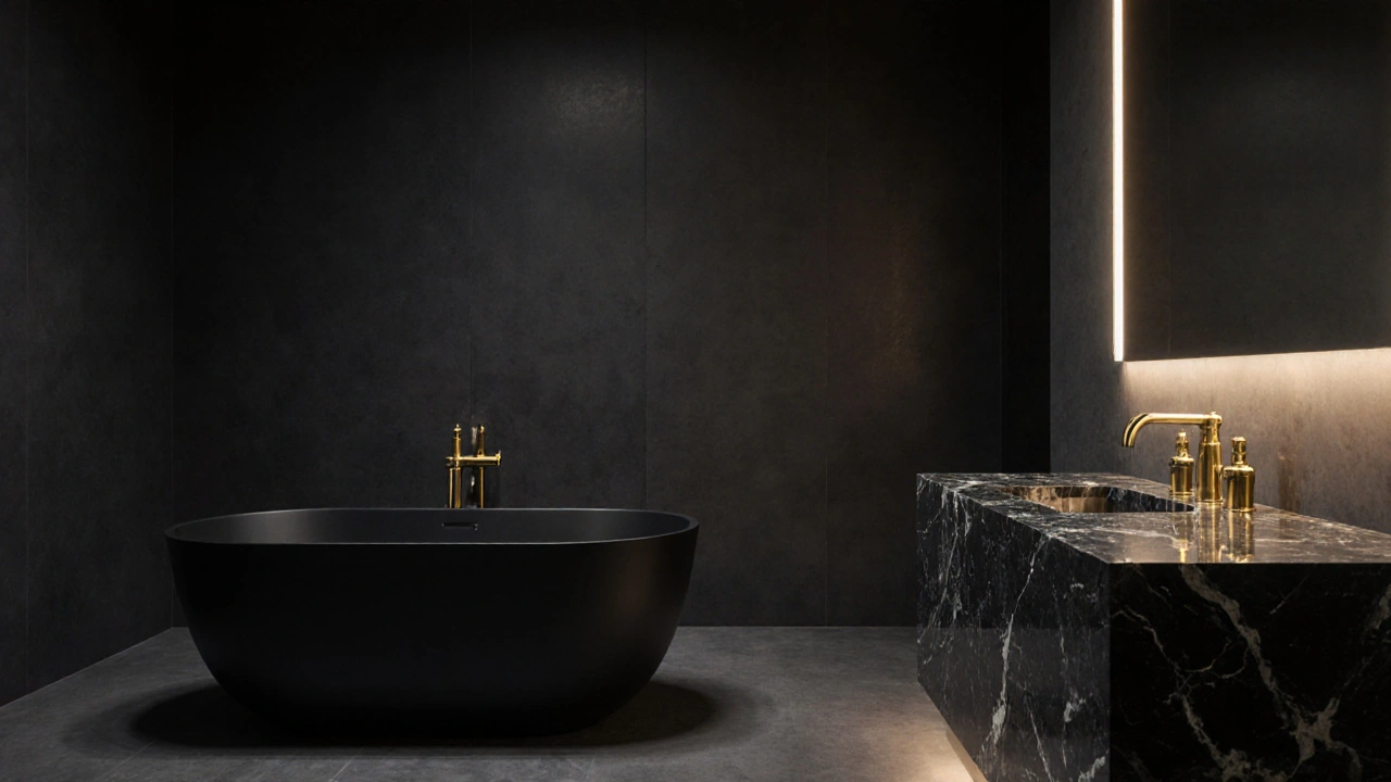 Großzügiges Badezimmer mit dunkelgrauen Wänden, goldenen Armaturen und Marmorwaschbecken, indirekte LED-Beleuchtung.