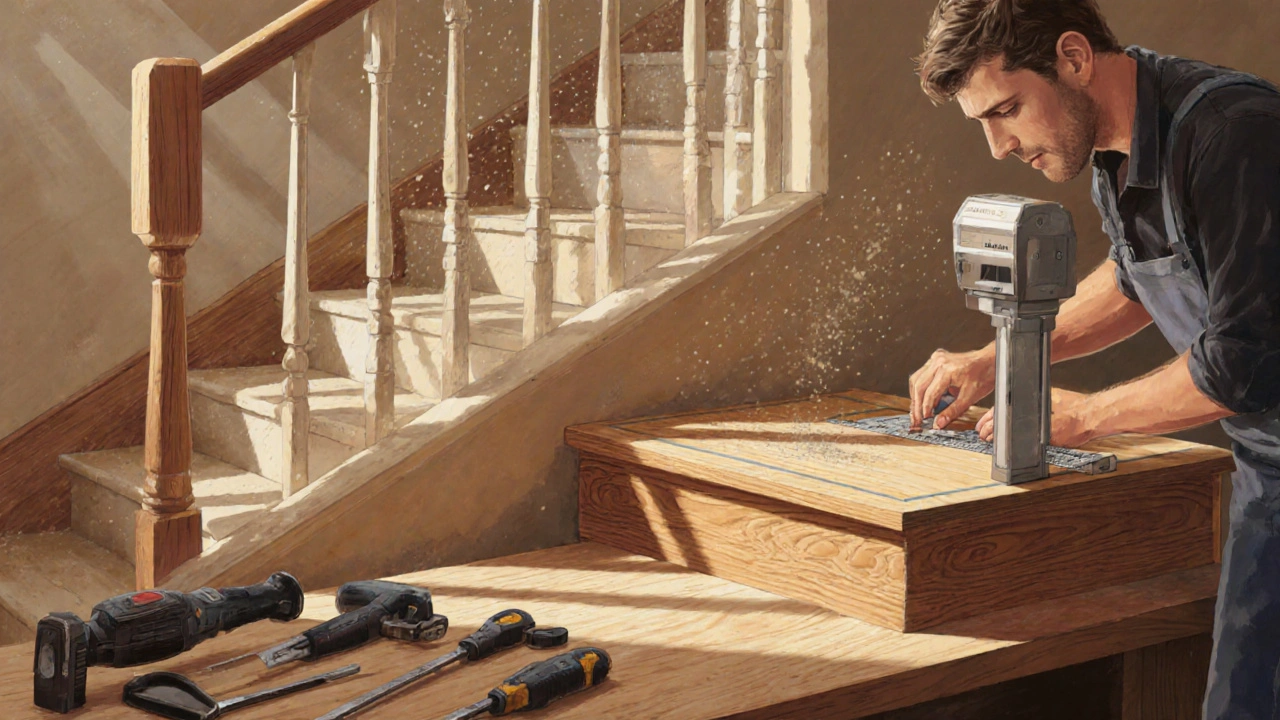 Handwerker misst präzise eine neue Eichentreppe mit CNC-Vorlage.