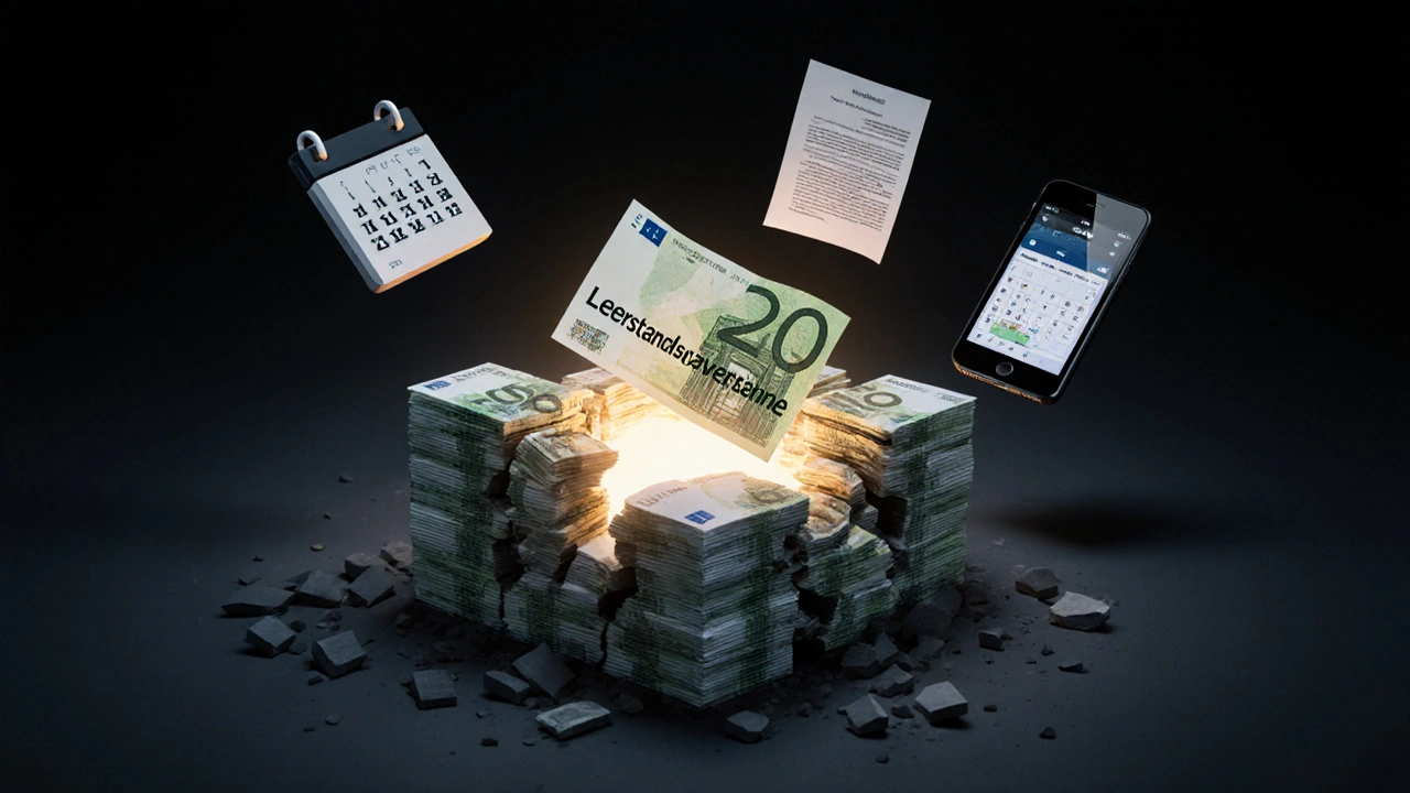 Hausfundament aus Geldscheinen, nur eine Versicherung hält es stand — Symbol für Schutz vor Leerstandsrisiko.