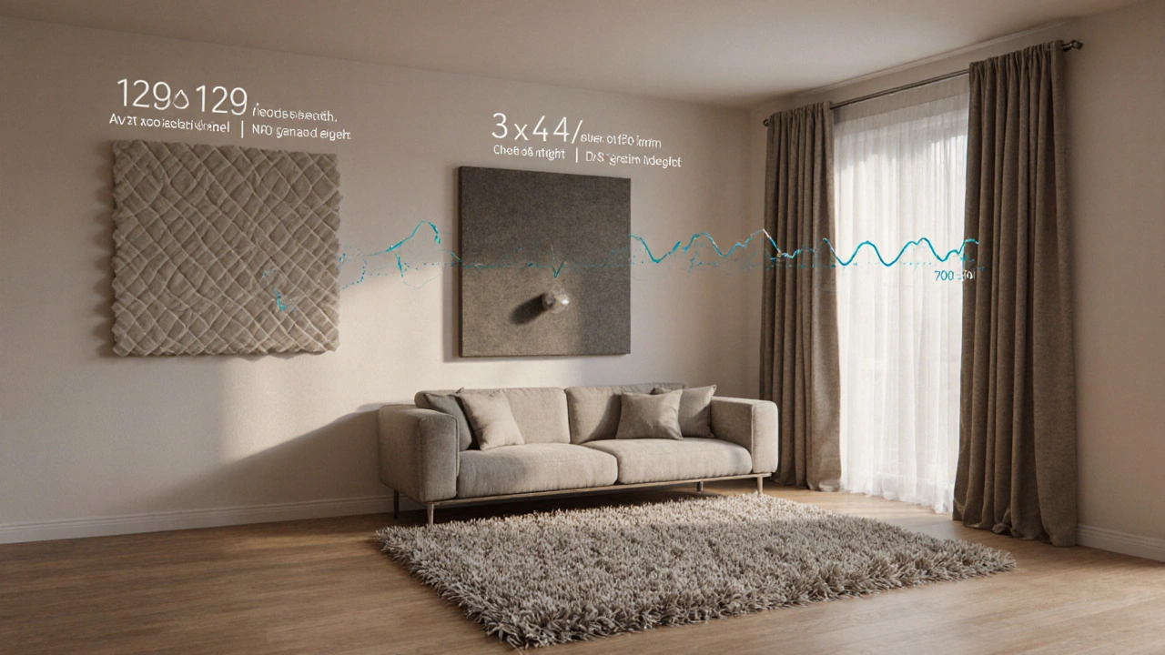 Illustration von drei akustischen Elementen – Paneelen, Teppich und Vorhängen – mit visuellen Schallwellen, die absorbiert werden.